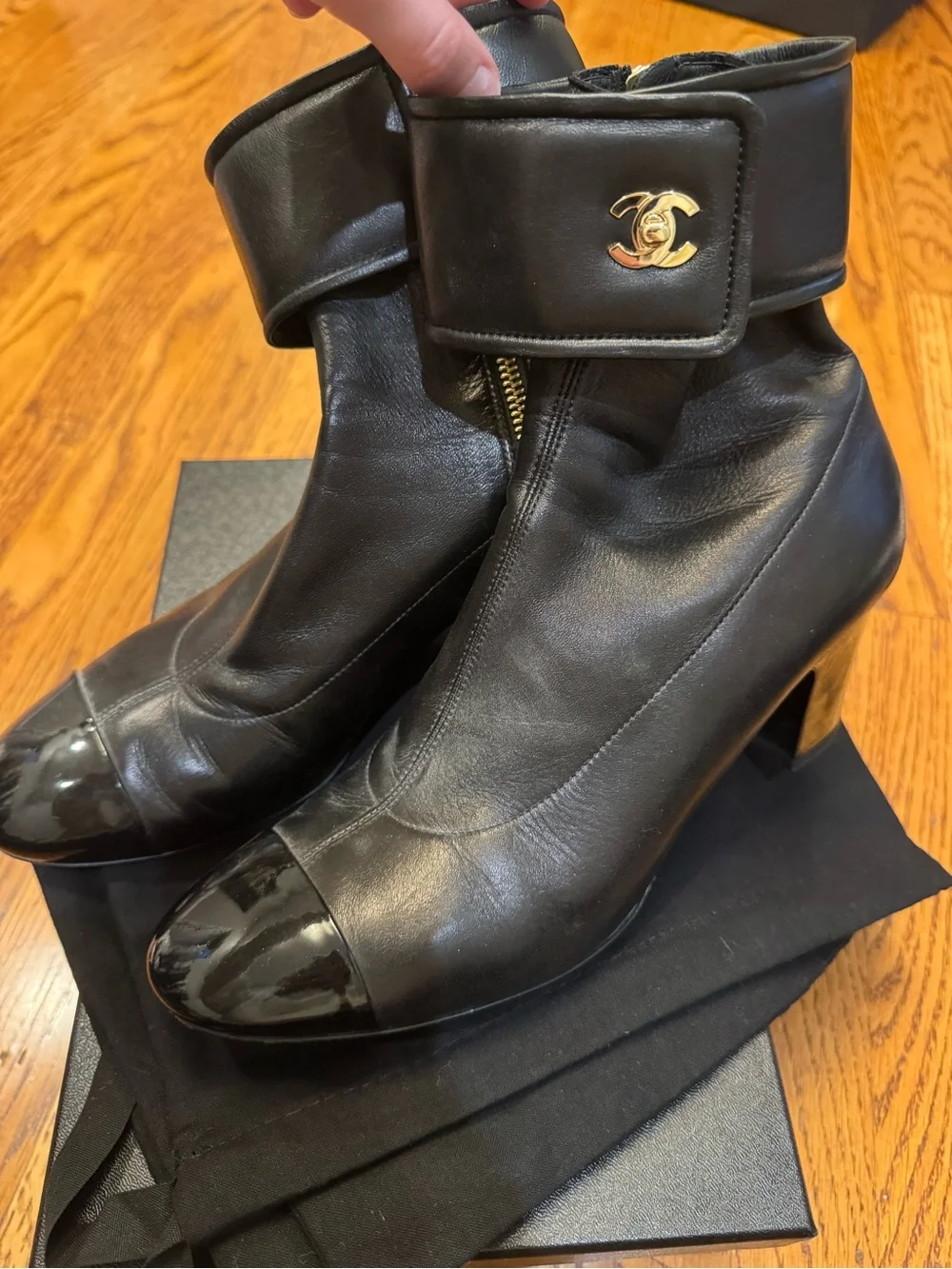Chanel CC Turnlock Black Leather Patent Cap Toe Ankle Boots EU 40.5